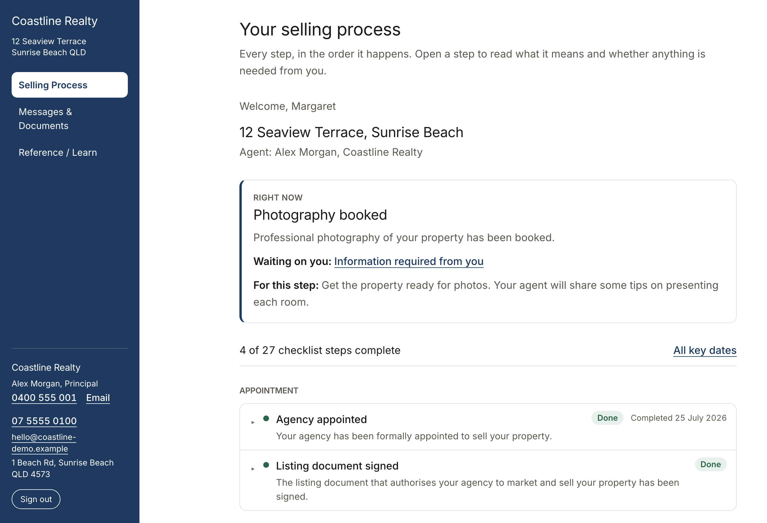 The seller's Selling Process page: a Right now card, then every step of the sale with a traffic light